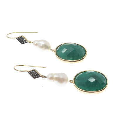 925 Sterling Silver Gold Plated Real Diamond Emerald & Pearl Dangle Earrings