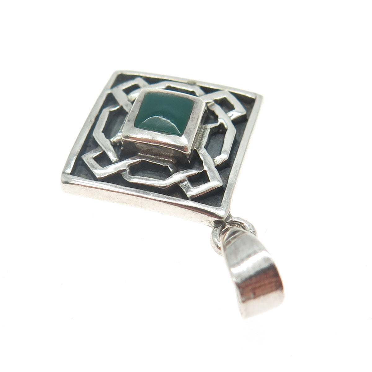 925 Sterling Silver Vintage Real Green Onyx Geometric Maze Pendant