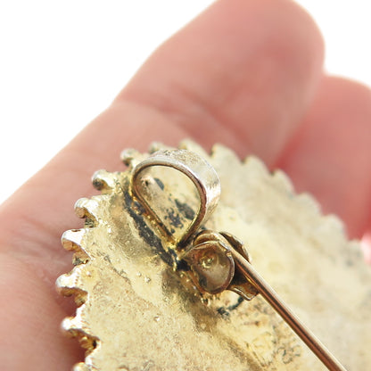 925 Sterling Silver Gold Plated Vintage Israel Real Tiger Eye Pin Brooch Pendant