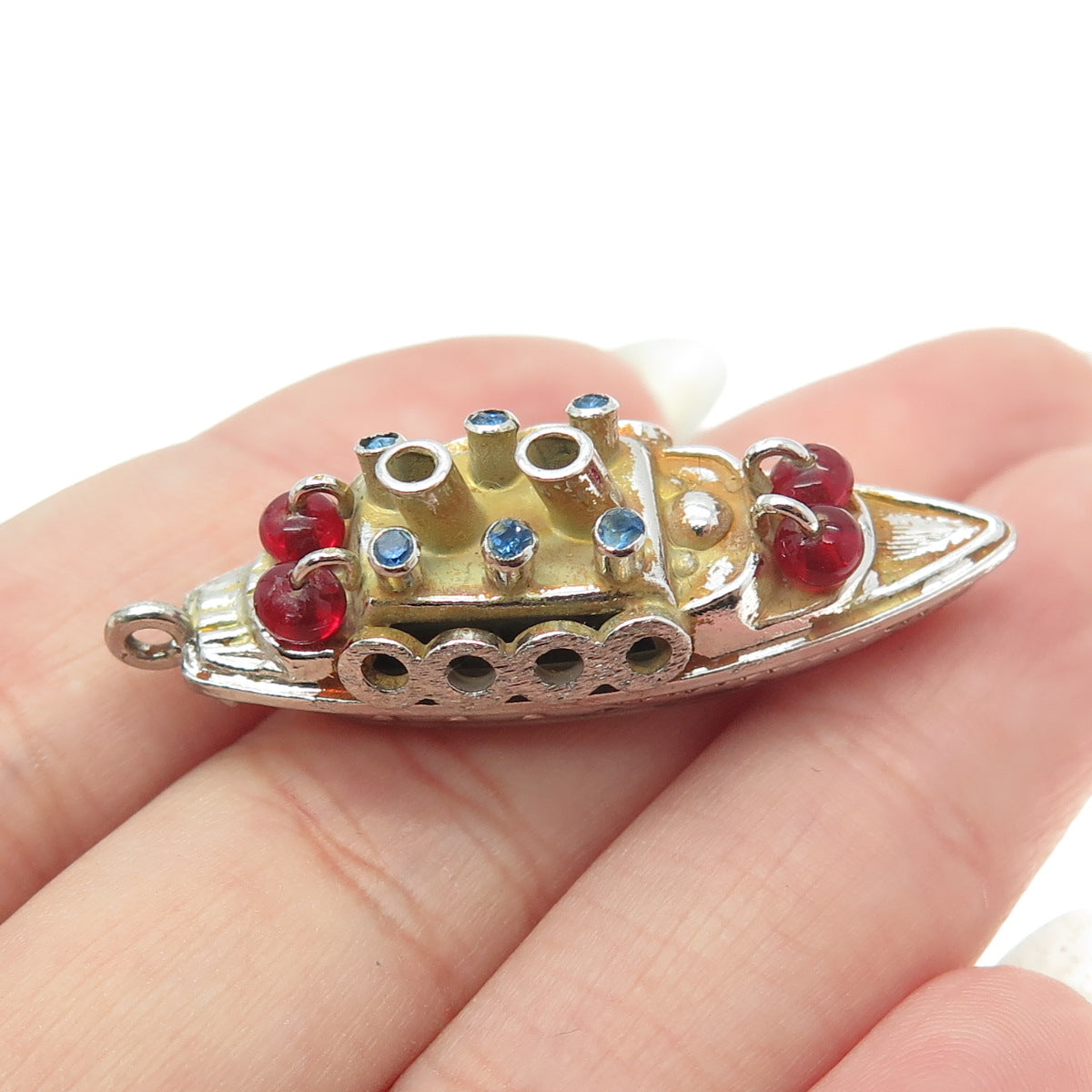 925 Sterling Silver Antique Art Deco Enamel Rhinestone Glass Ship Charm Pendant