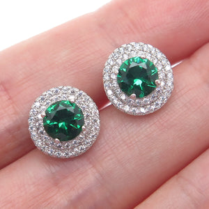 925 Sterling Silver Round-Cut Green & White C Z Stud Earrings