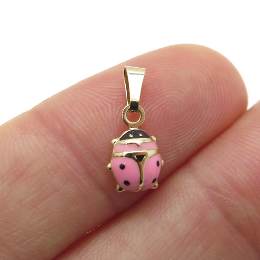 14K Yellow Gold Enamel Pink Ladybug Minimalist Charm Pendant