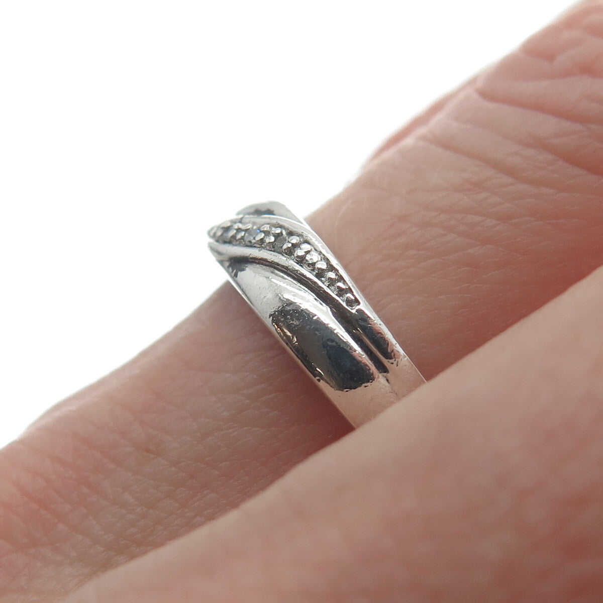 925 Sterling Silver Real White Diamond Accent Wavy Line Ring Size 7.5