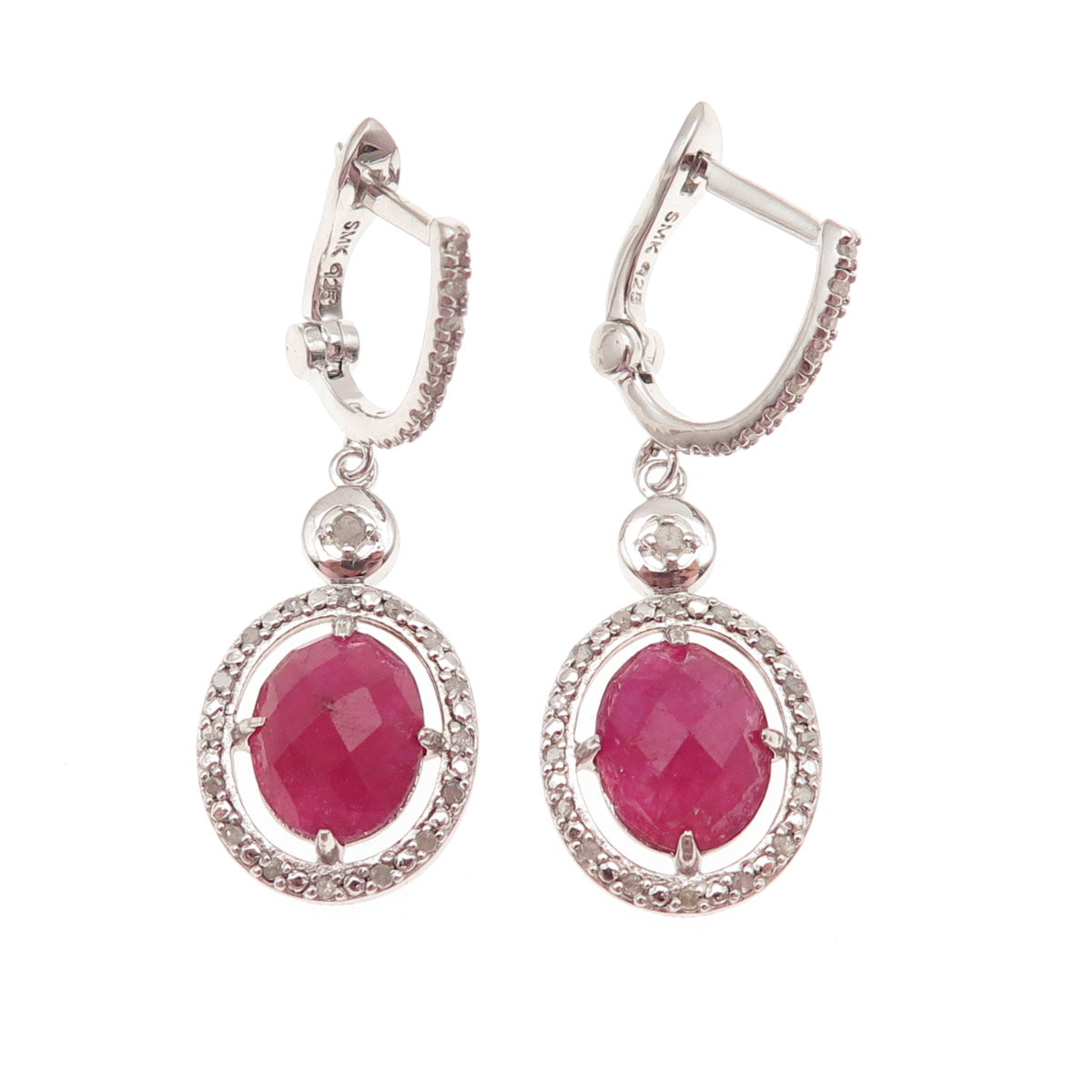 925 Sterling Silver Real Round-Cut Diamond & Oval-Cut Ruby Dangle Earrings