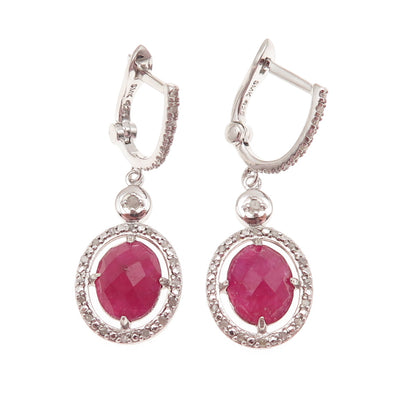 925 Sterling Silver Real Round-Cut Diamond & Oval-Cut Ruby Dangle Earrings