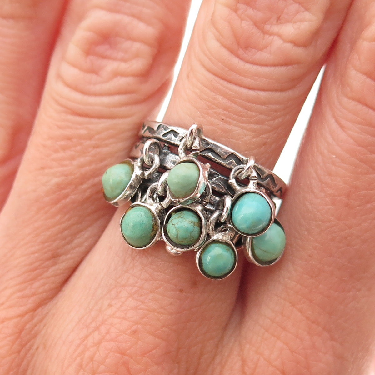 Old Pawn Sterling Silver Vintage Turquoise Cha Cha Charm Tribal Ring Size 7.25
