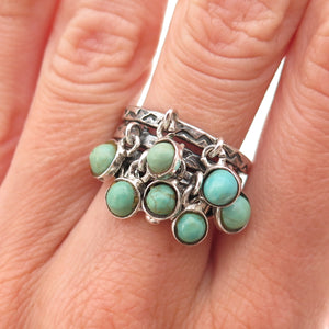 Old Pawn Sterling Silver Vintage Turquoise Cha Cha Charm Tribal Ring Size 7.25
