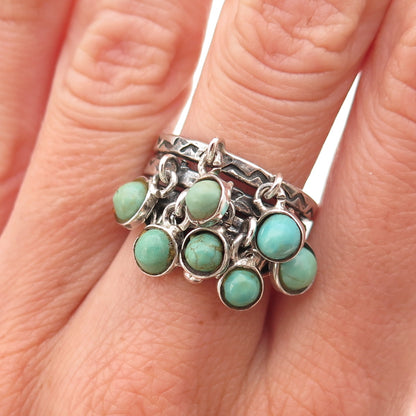 Old Pawn Sterling Silver Vintage Turquoise Cha Cha Charm Tribal Ring Size 7.25