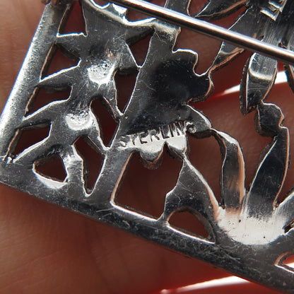 925 Sterling Silver Antique Art Deco Real Marcasite Floral Oxidized Pin Brooch