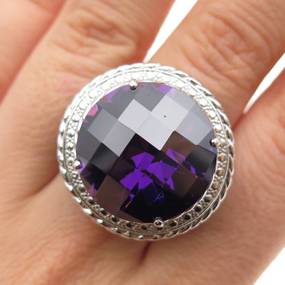 925 Sterling Silver Enamel Round-Cut Purple C Z Statement Ring Size 7.25