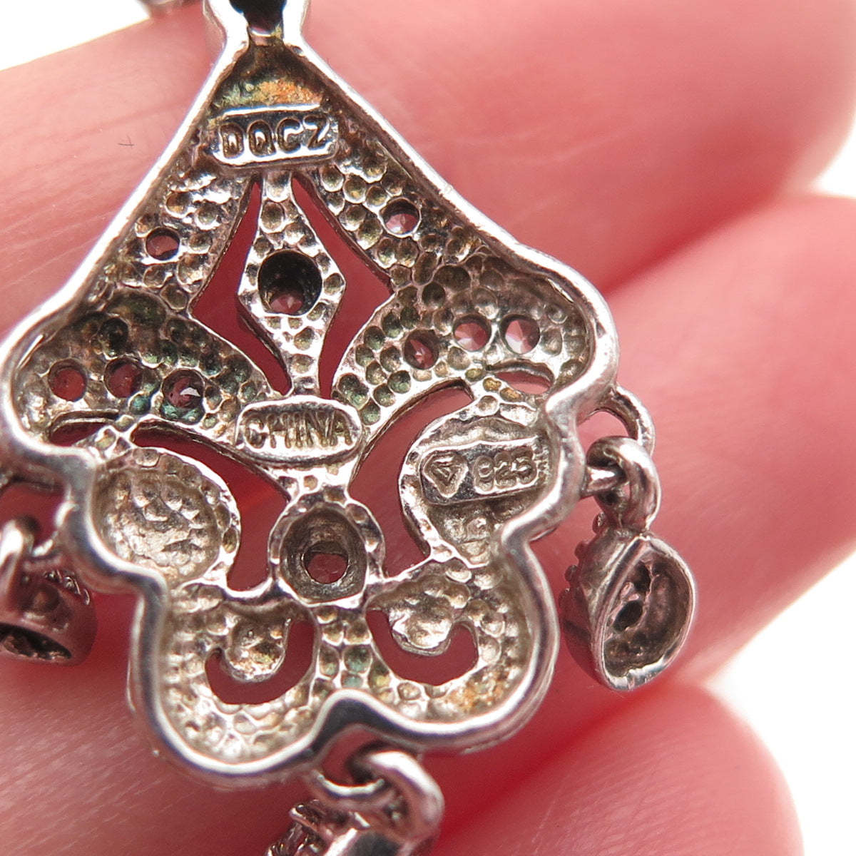925 Sterling Silver Round-Cut C Z Fleur de Lis Dangle Earrings