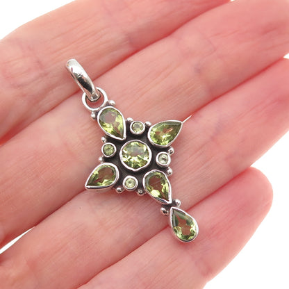 925 Sterling Silver Vintage Real Peridot Cross Cluster Charm Pendant