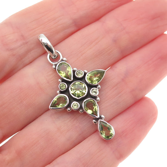 925 Sterling Silver Vintage Real Peridot Cross Cluster Charm Pendant