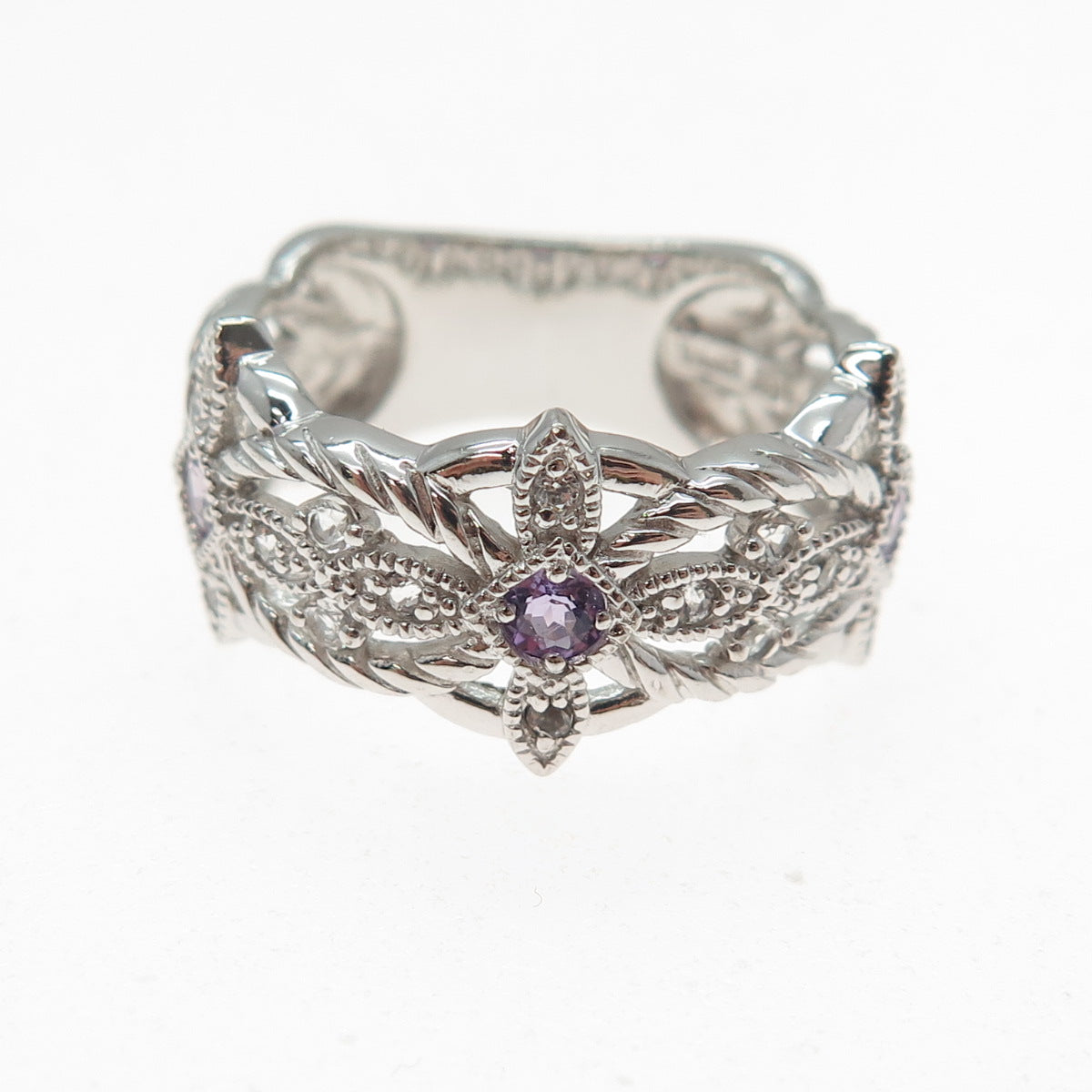 LENOX 925 Sterling Silver Vintage Real Amethyst & White Topaz Ring Size 9.25