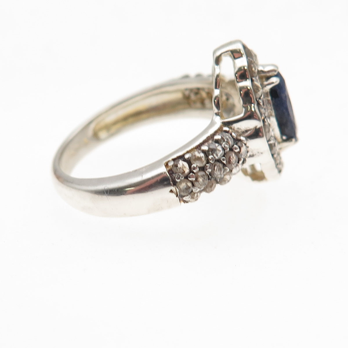 925 Sterling Silver Real Round-Cut Diamond & Sapphire Ring Size 6.75