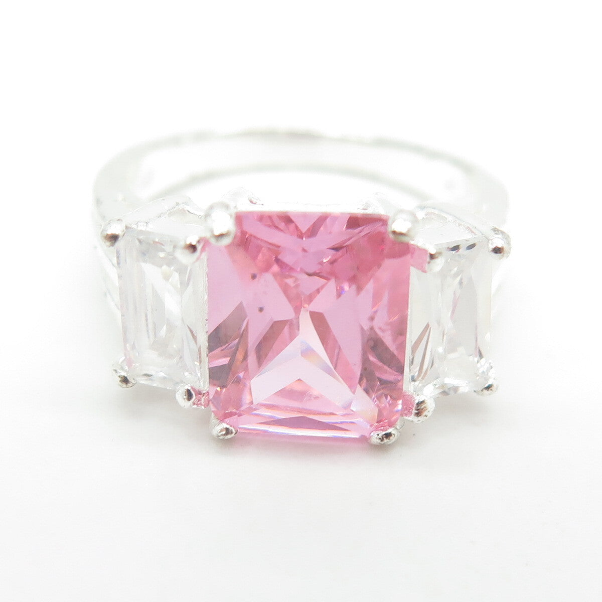 925 Sterling Silver White & Pink Radiant-Cut Shaped C Z Ring Size 5.5