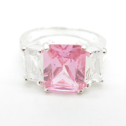 925 Sterling Silver White & Pink Radiant-Cut Shaped C Z Ring Size 5.5