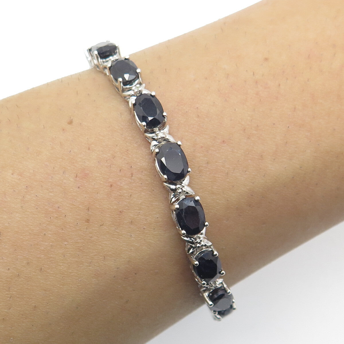 HN HENG NGAI 925 Sterling Silver Real Oval-Cut Sapphire "X" Link Bracelet 7.25"