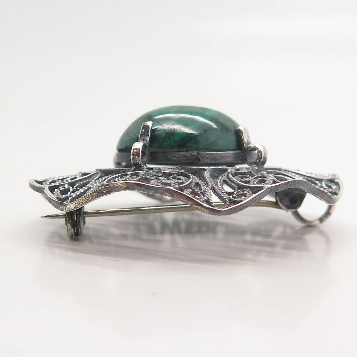 925 Sterling Silver Vintage Real Chrysocolla Gemstone Filigree Brooch / Pendant