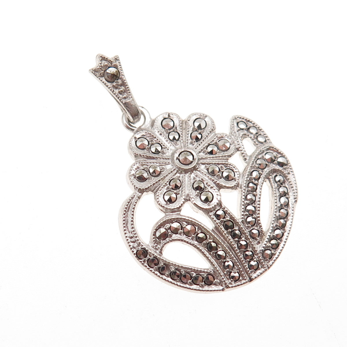 Kimler & Daniel Sterling Silver Antique Art Deco Real Marcasite Floral Pendant