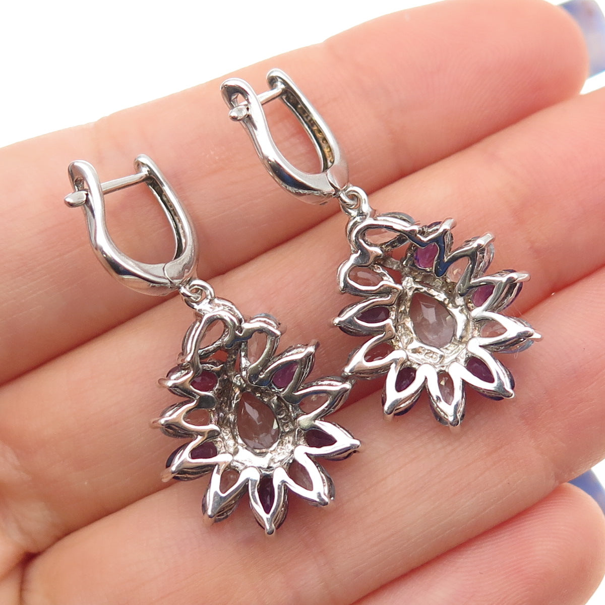 925 Sterling Silver Vintage Real Amethyst & Blue Topaz Dangle Earrings