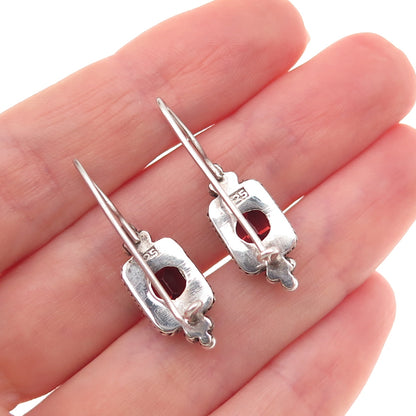 925 Sterling Silver Vintage Real Emerald-Cut Red Garnet Beaded Oxidized Earrings