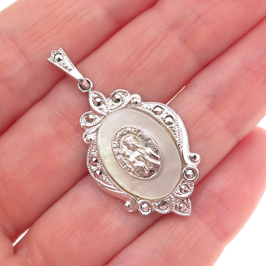Theda 925 Sterling Silver Antique Art Deco Real MOP & Marcasite St. Mary Pendant