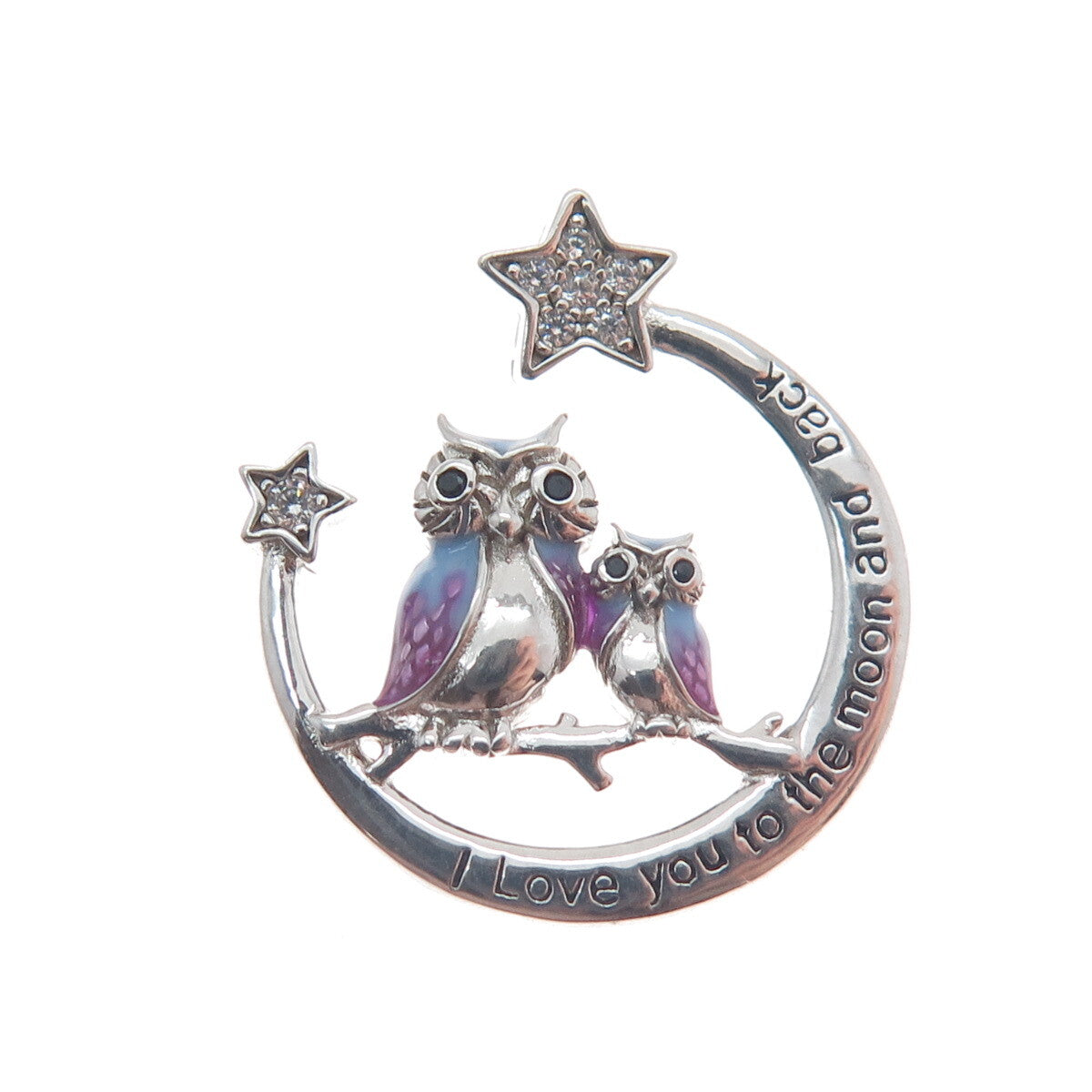 925 Sterling Silver Enamel Spinel C Z "I Love You To The Moon & Back" Pendant