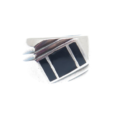 925 Sterling Silver Vintage Real Black Onyx Gemstone Ribbed Ring Size 7.5