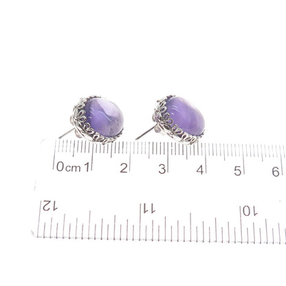 FADI 925 Sterling Silver Real Cabochon Amethyst Floral Earrings
