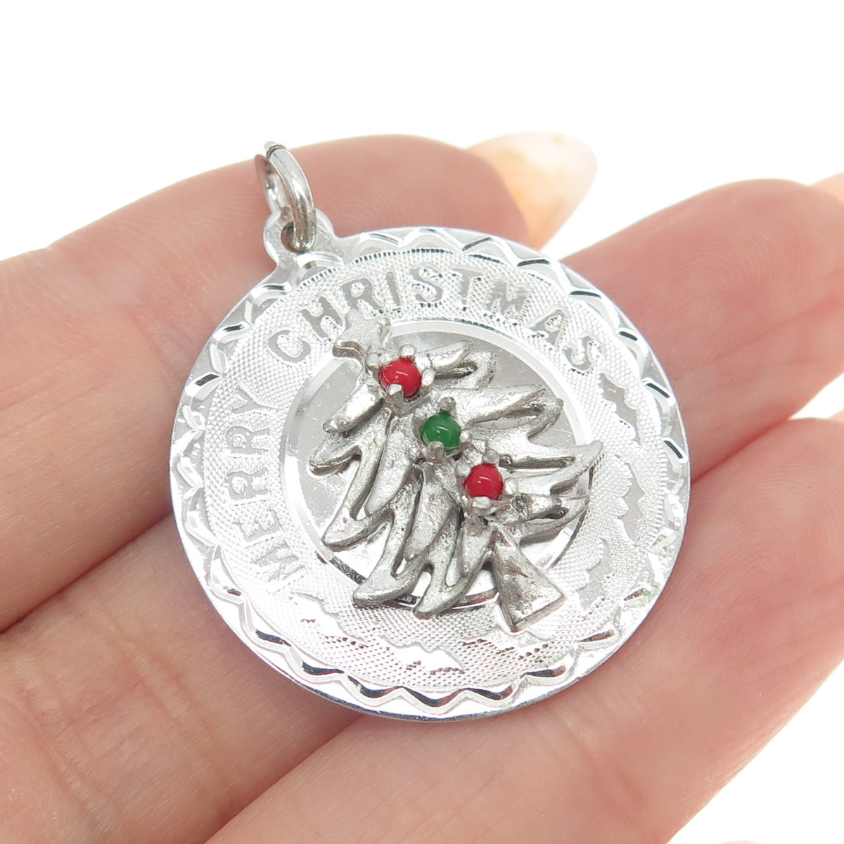 925 Sterling Silver Antique Art Deco Multi-Glass Merry Christmas Tree Pendant