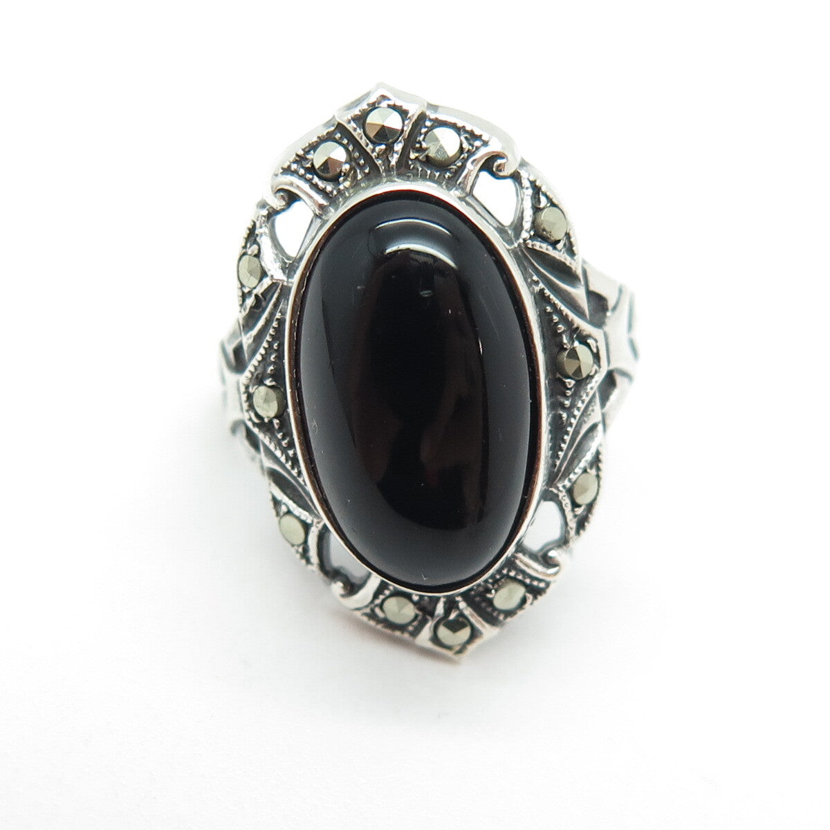 UNCAS Sterling Silver Antique Art Deco Real Black Onyx Marcasite Ring Size 3.25