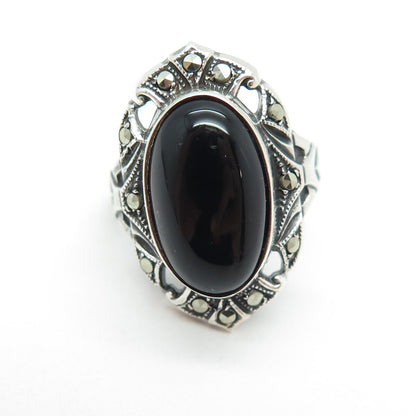 UNCAS Sterling Silver Antique Art Deco Real Black Onyx Marcasite Ring Size 3.25