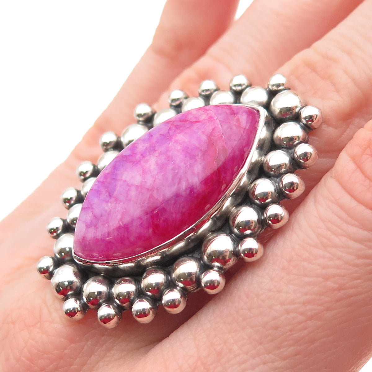 925 Sterling Vintage Pink Rainbow Moonstone Adjustable Statement Ring Size 6