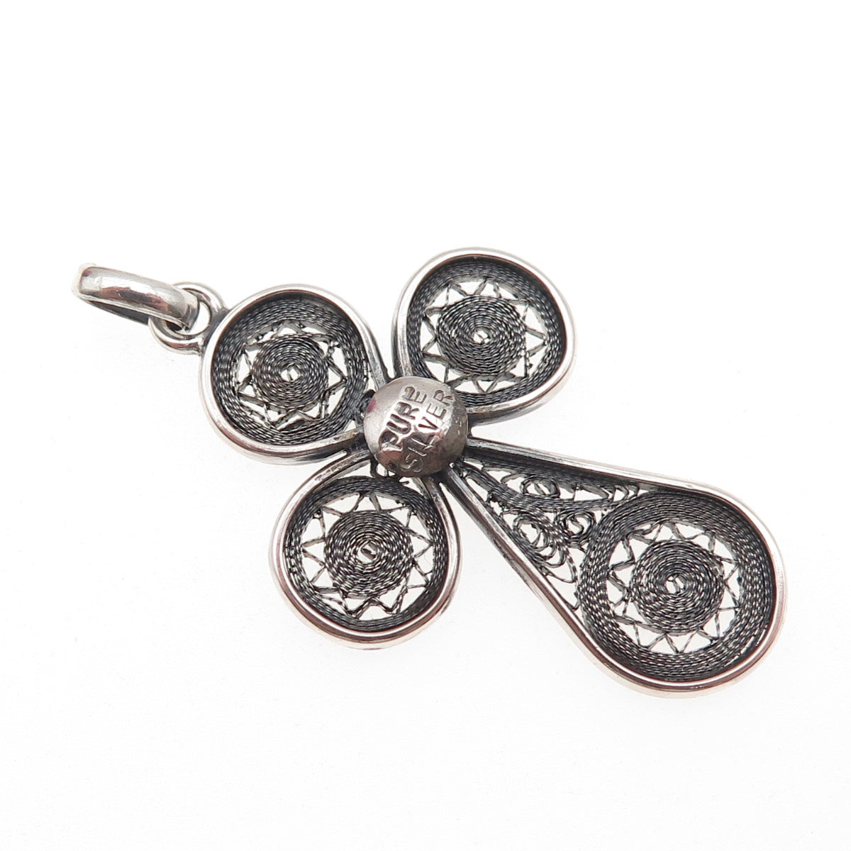 Pure 925 Sterling Silver Vintage Cross Filigree Oxidized Charm Pendant