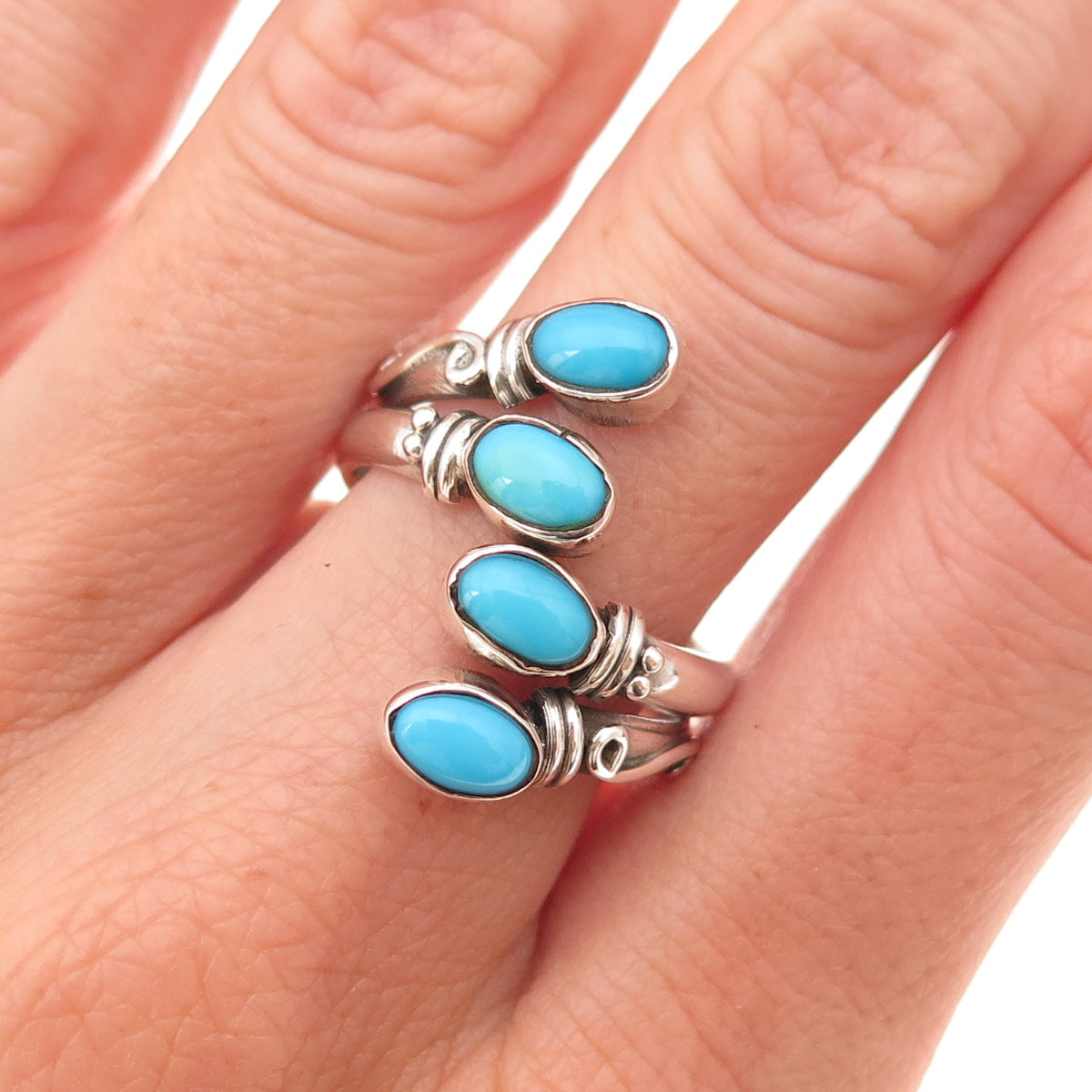 925 Sterling Silver Vintage Real Turquoise Oxidized Adjustable Ring Size 8.5