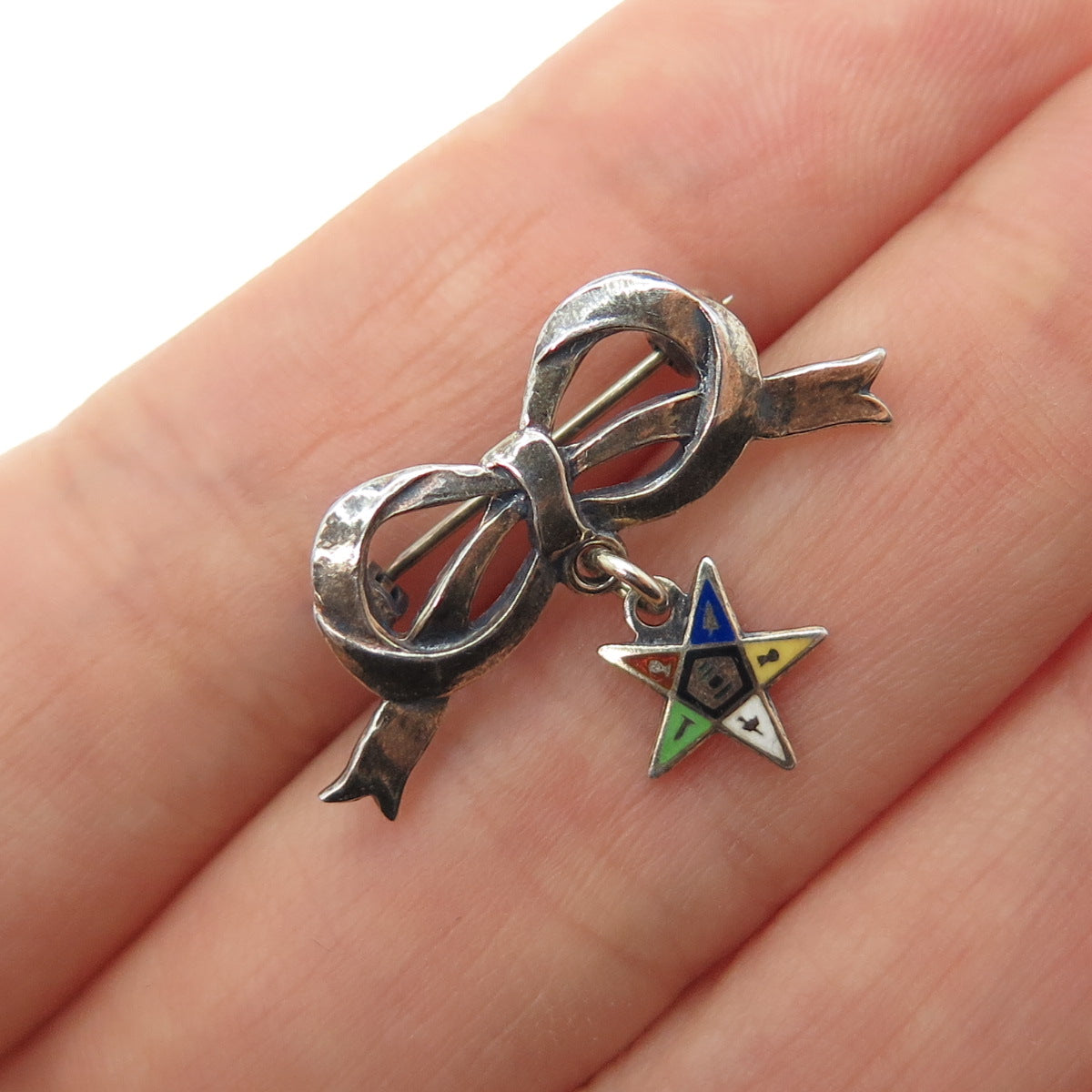 925 Sterling Silver Antique Art Deco Enamel Eastern Star Masonic Bow Pin Brooch