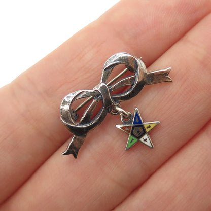 925 Sterling Silver Antique Art Deco Enamel Eastern Star Masonic Bow Pin Brooch