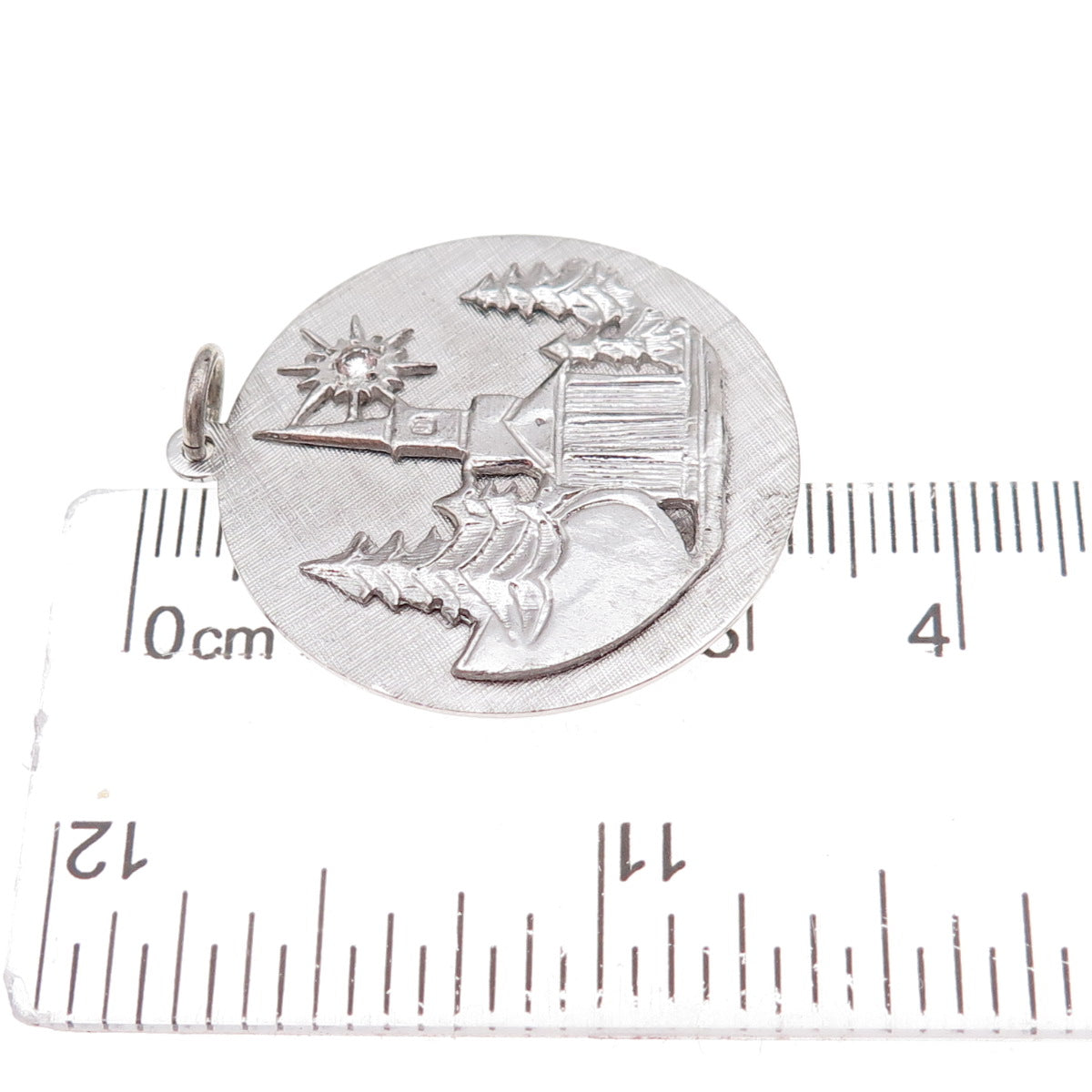 Crown 925 Sterling Silver Vintage Real White Topaz Winter Scene Charm Pendant