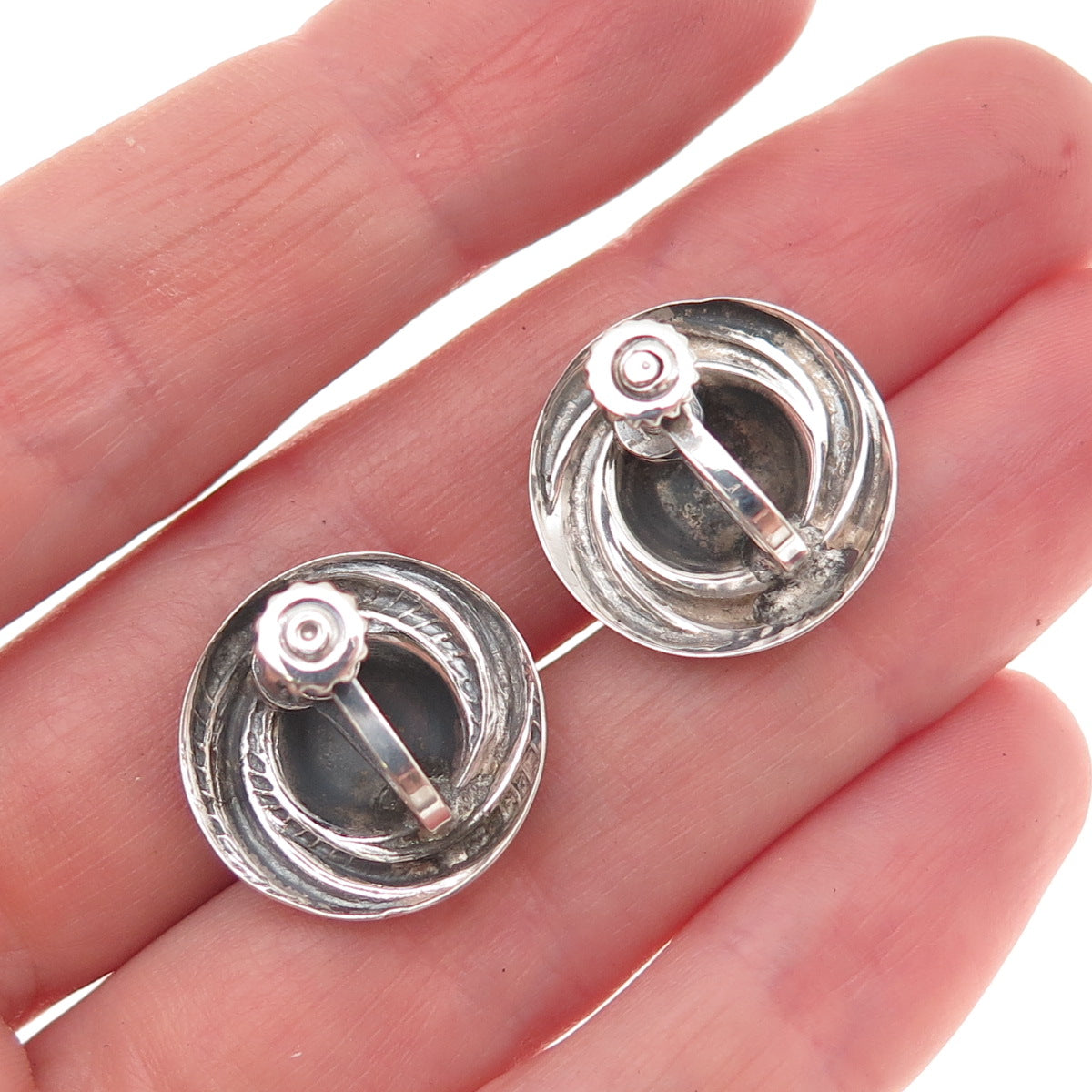 925 Sterling Silver Antique Art Deco Twisted Nest Oxidized Screw Back Earrings