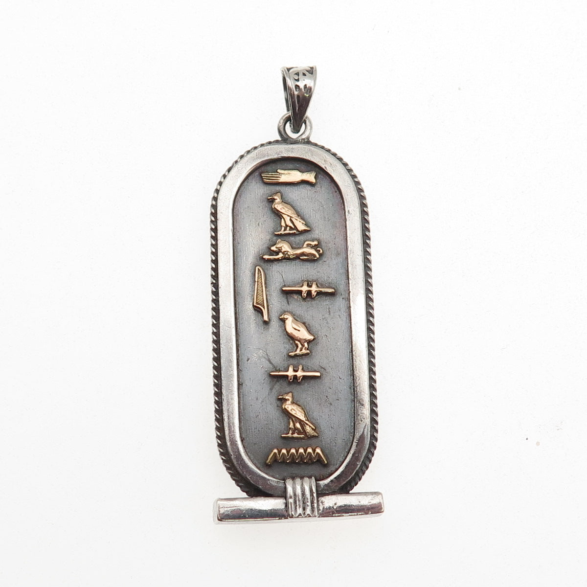 800 Silver 2-Toine Vintage Egyptian Cartouche Scarab Oxidized Pendant