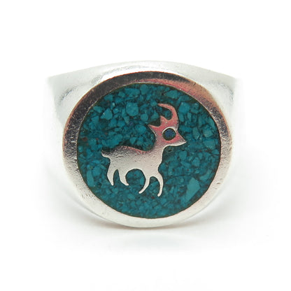 925 Sterling Silver Vintage Mexico Real Turquoise Inlay Goat Ring Size 10.75