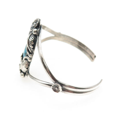 Old Pawn 925 Sterling Vintage Turquoise Flower Feather Adjustable Bracelet 5.75"