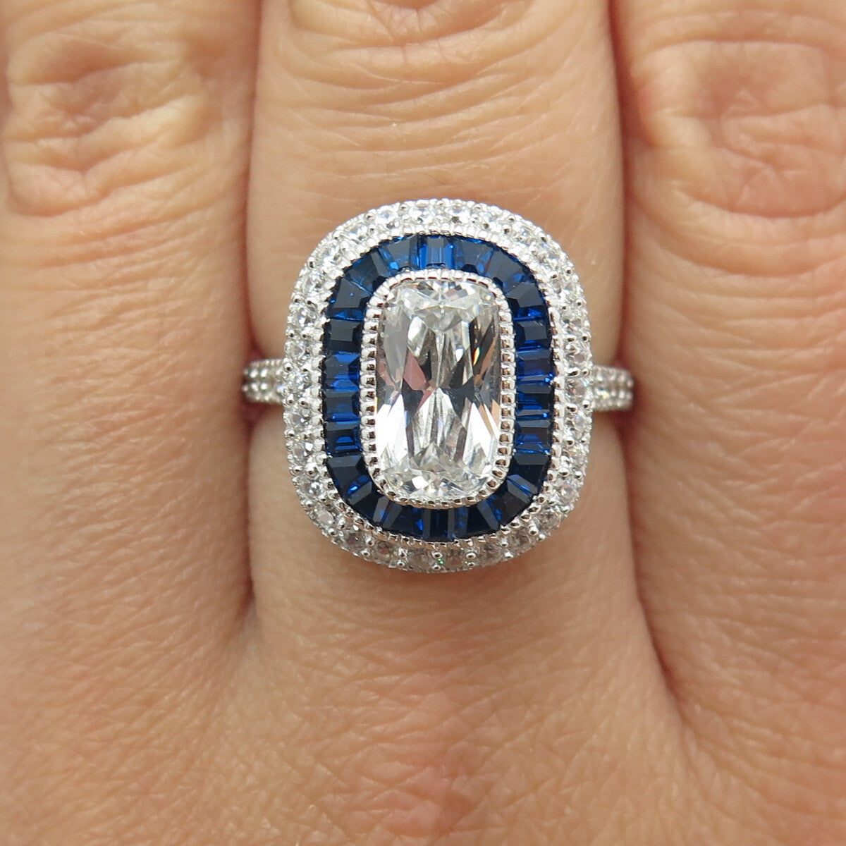 Elegance Jewellery 925 Sterling Silver Lab-Created Sapphire & C Z Ring Size 8.25