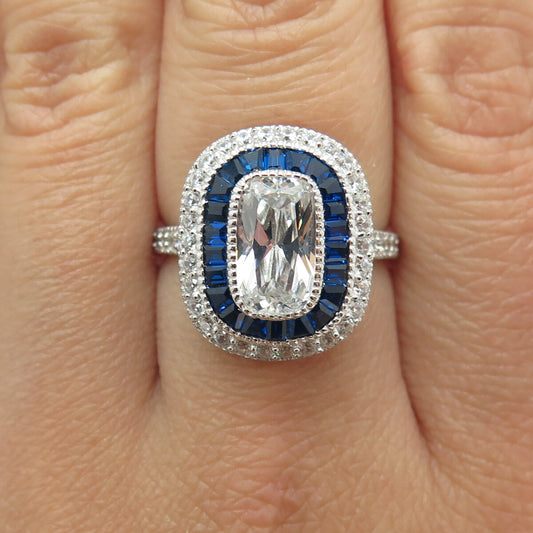 Elegance Jewellery 925 Sterling Silver Lab-Created Sapphire & C Z Ring Size 8.25