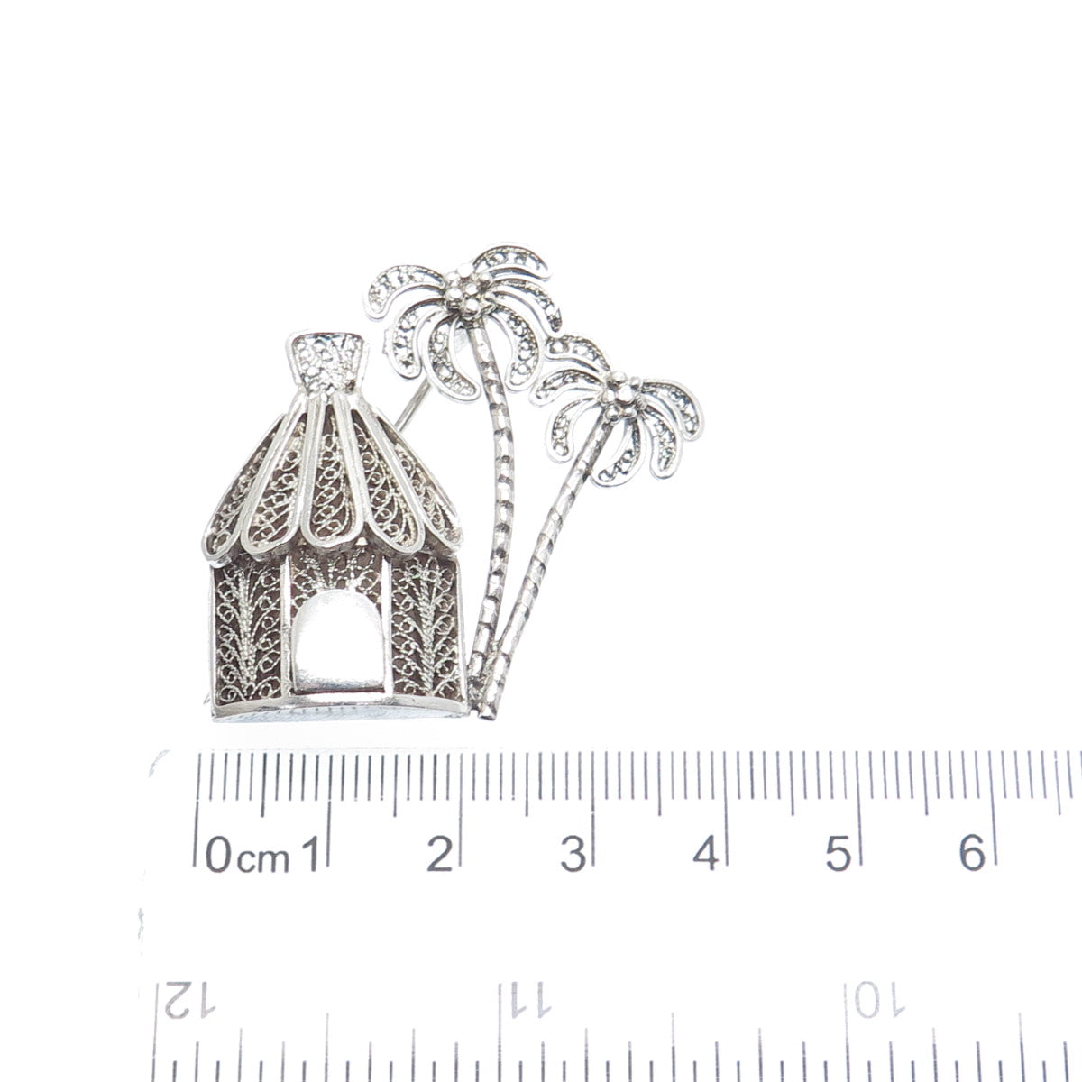 925 Sterling Silver Vintage Bungalow & Palm Tree Filigree Pin Brooch