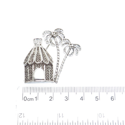 925 Sterling Silver Vintage Bungalow & Palm Tree Filigree Pin Brooch