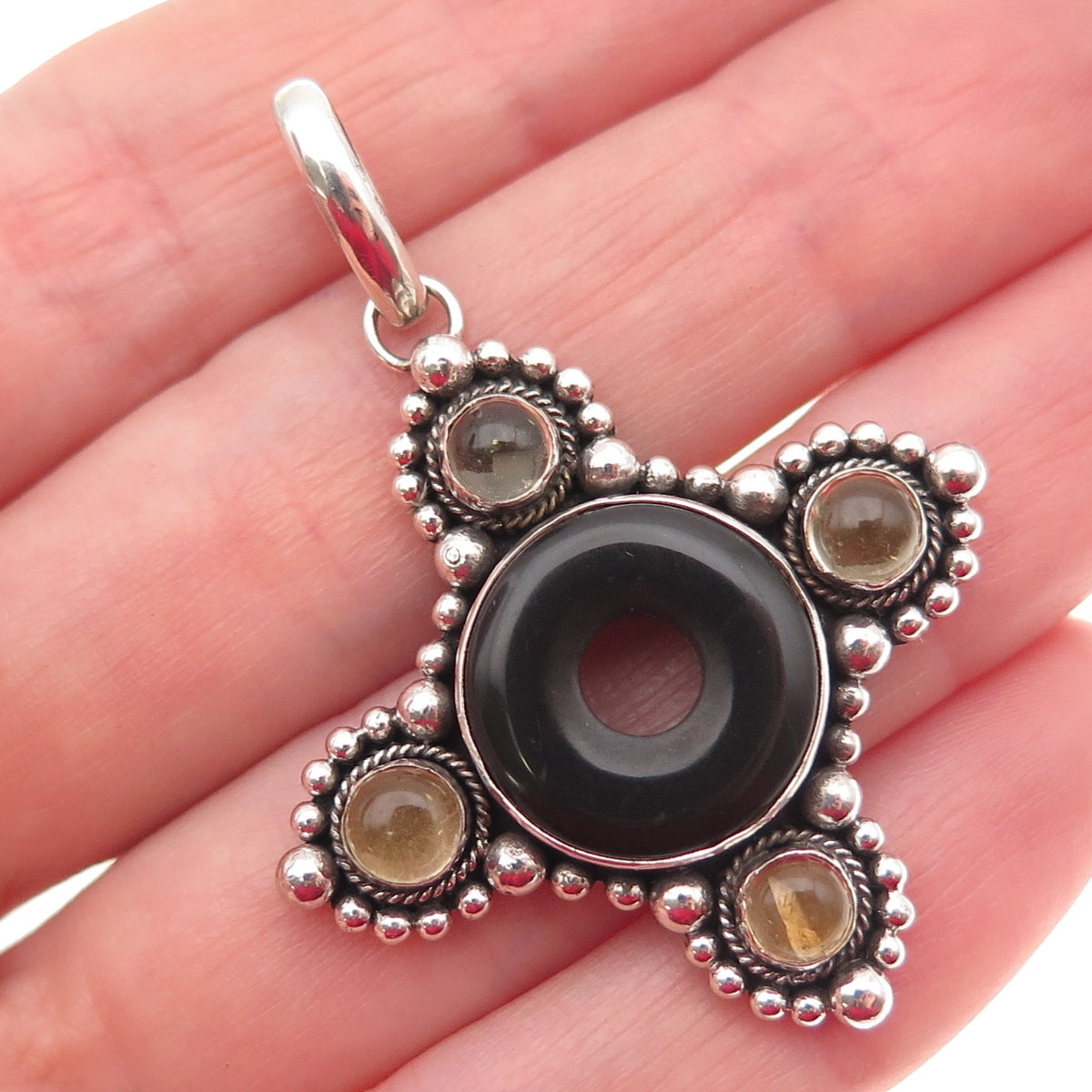 925 Sterling Silver Vintage Real Black Onyx & Citrine Modernist Cross Pendant