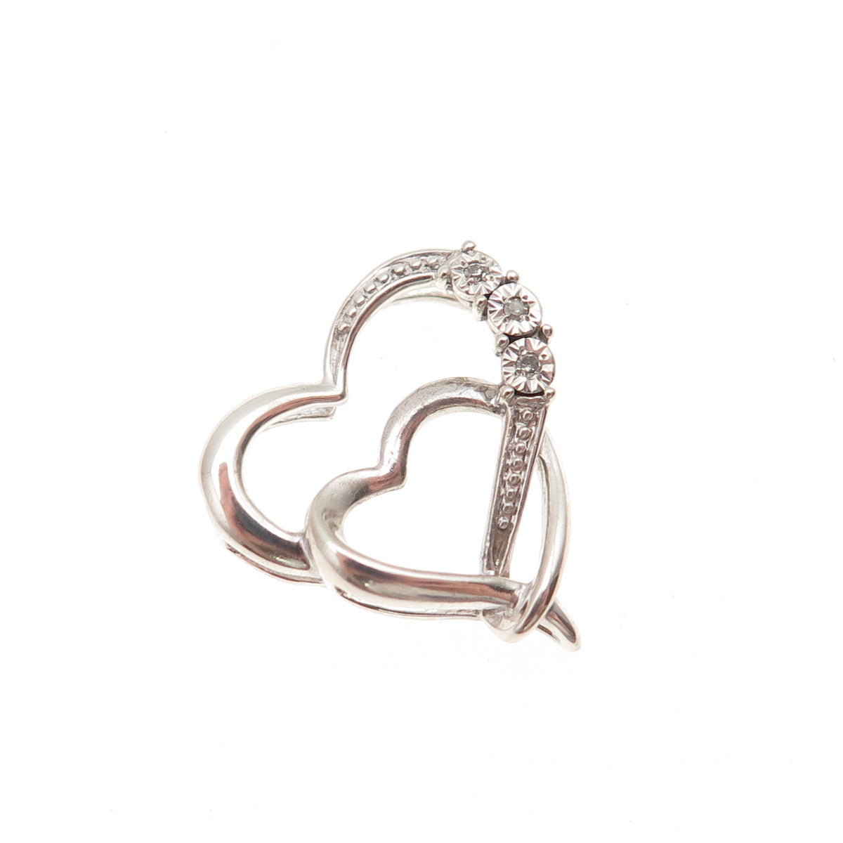 925 Sterling Silver Real Diamond Double Heart Mini Slide Charm Pendant