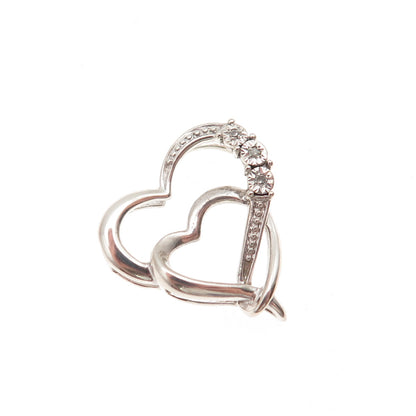 925 Sterling Silver Real Diamond Double Heart Mini Slide Charm Pendant
